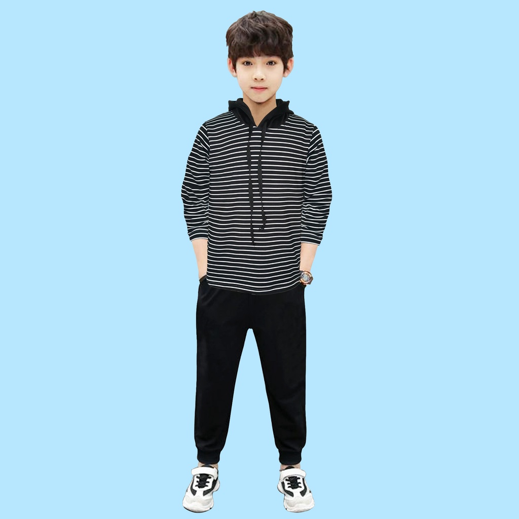 Baju Hoodie Lengan Panjang Anak Laki Laki Bahan Salur Babyterry Spandex Premium Usia 1 Tahun Sampai 12 Tahun