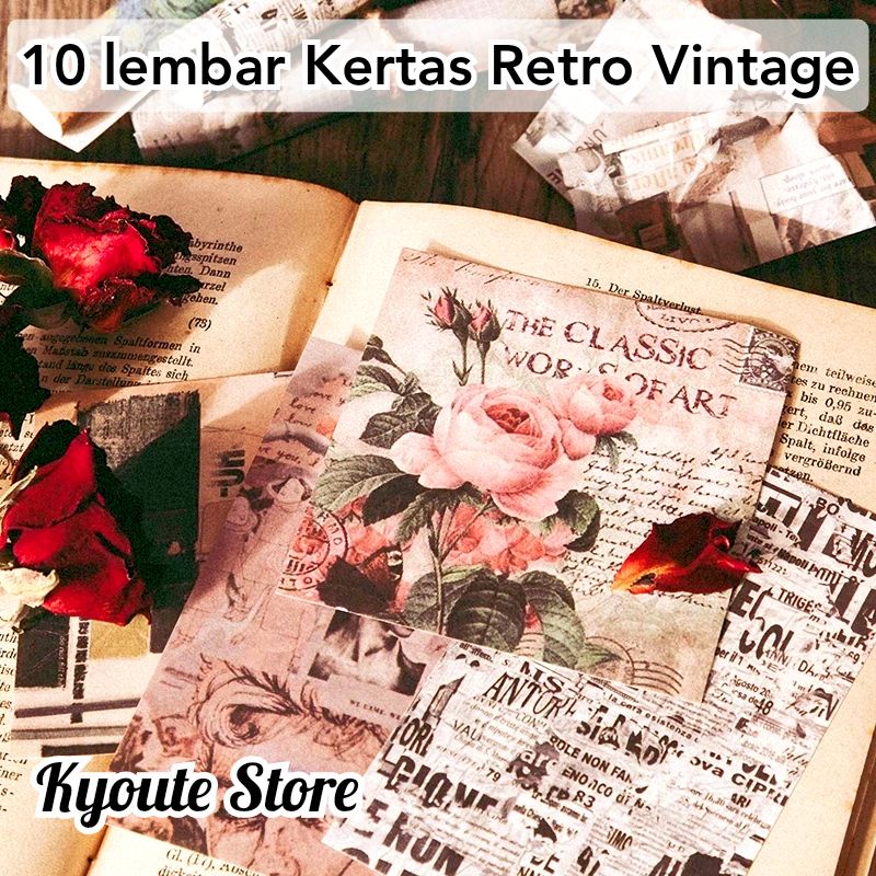 

10 Lembar Kertas Dekorasi Scrapbook Vintage Retro Jadul DIY Journal Bujo Craft