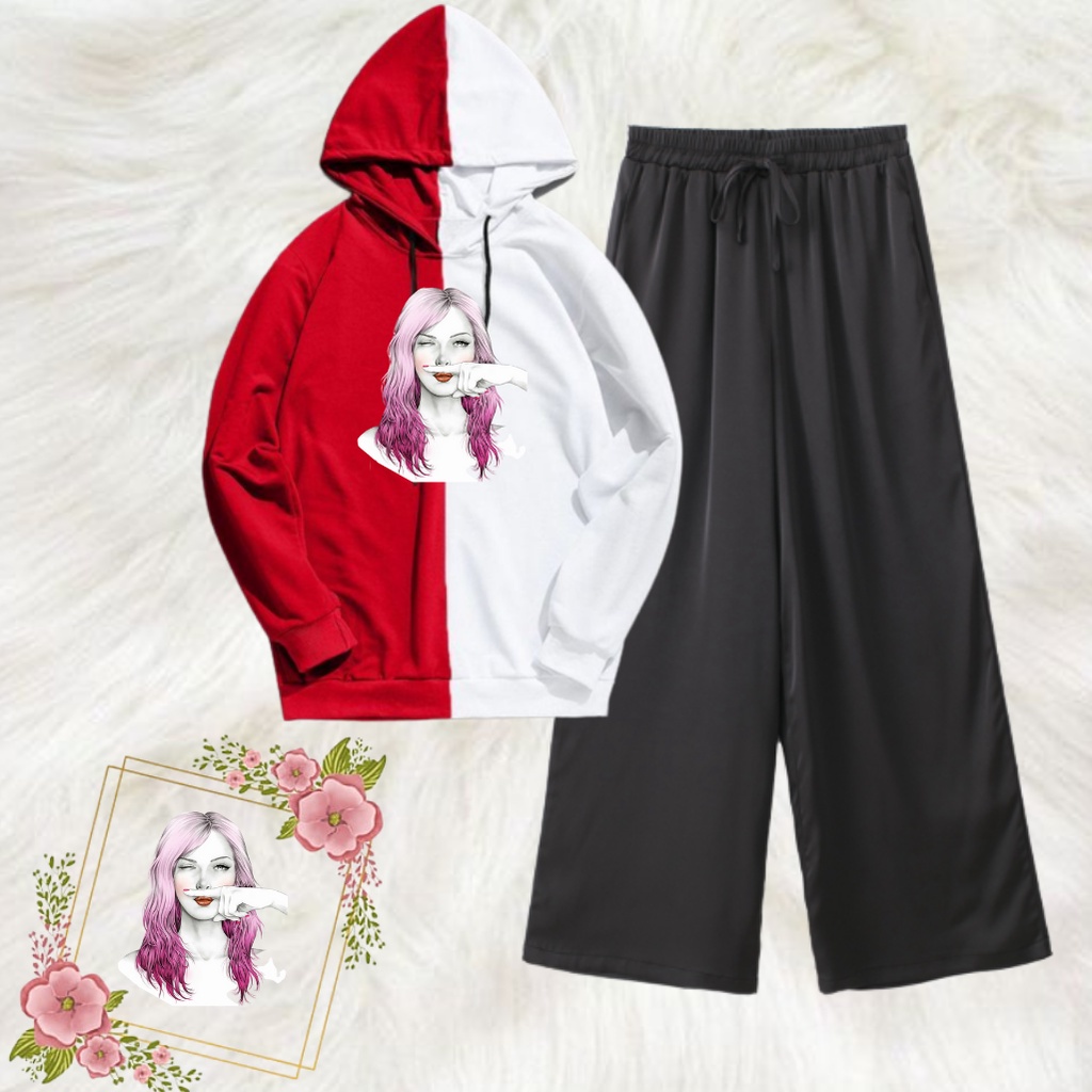 JBF Baju Stelan Wanita Baju 1 Set Hoodie Dan Celana Kulot Motif Cool Women / Setelan kekinian Wanita