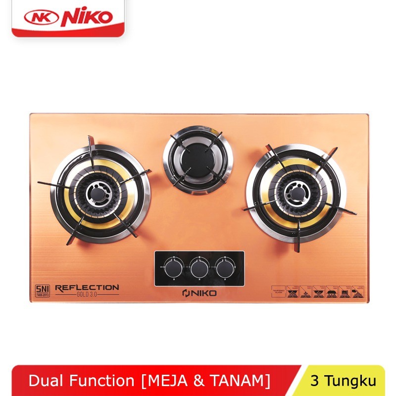 Kompor Gas Tanam 3 Tungku Kaca - NIKO Reflection Gold 3.0 3 tungku