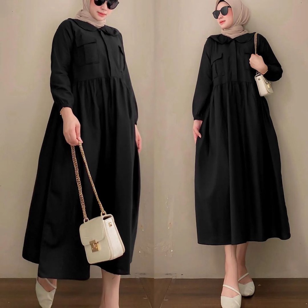 Dealova Midi Dress Gamis Hitam Polos Gamis Midi Gamis Katun Rayon Dress Jumbo Big Size Dress Gamis C