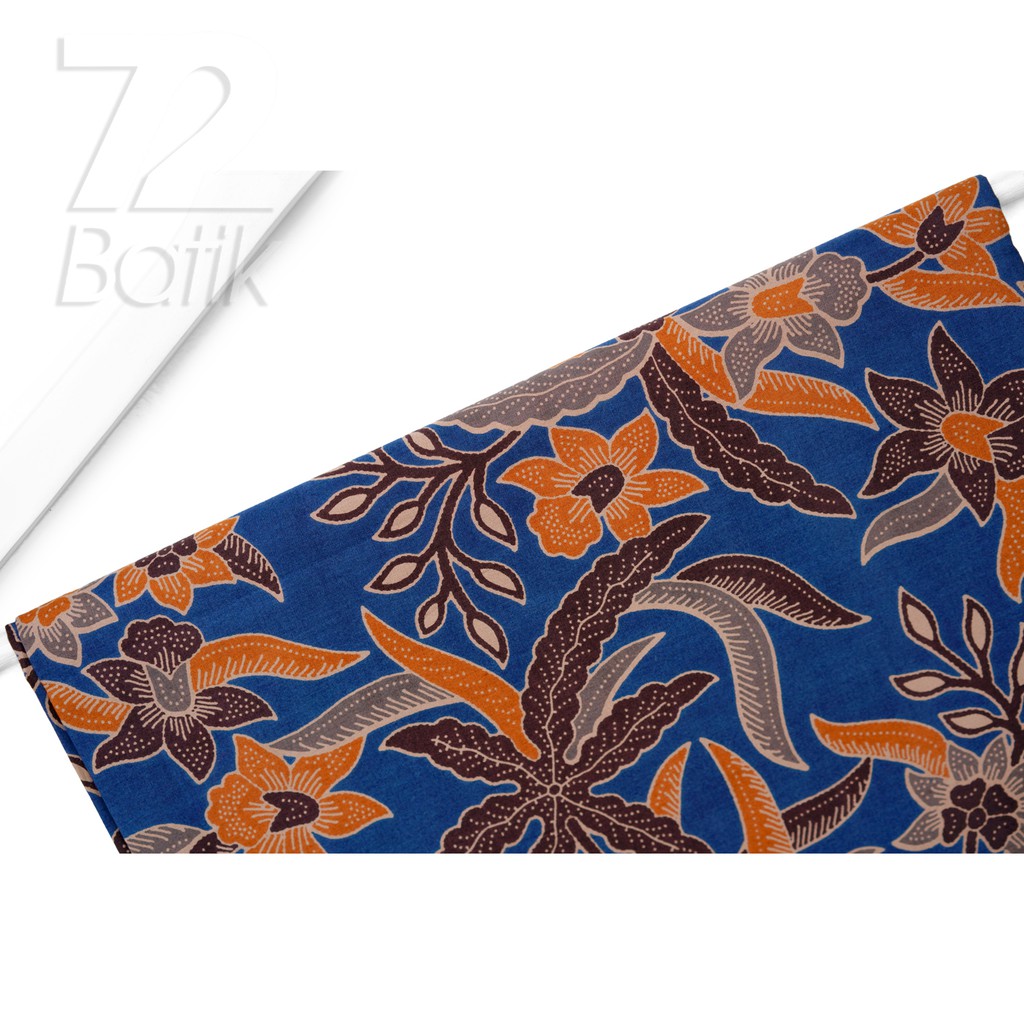 KAIN BATIK PREMIUM Bahan Katun Motif Kembang Setaman Warna Biru Orange 724031 Cap 72 Jarik Jarit Samping Kebat Panjang Batik Katun Modern Premium Bahan Seragam Batik Pernikahan Kantor Keluarga Murah Kamen Jadi Batik Bali Lembaran