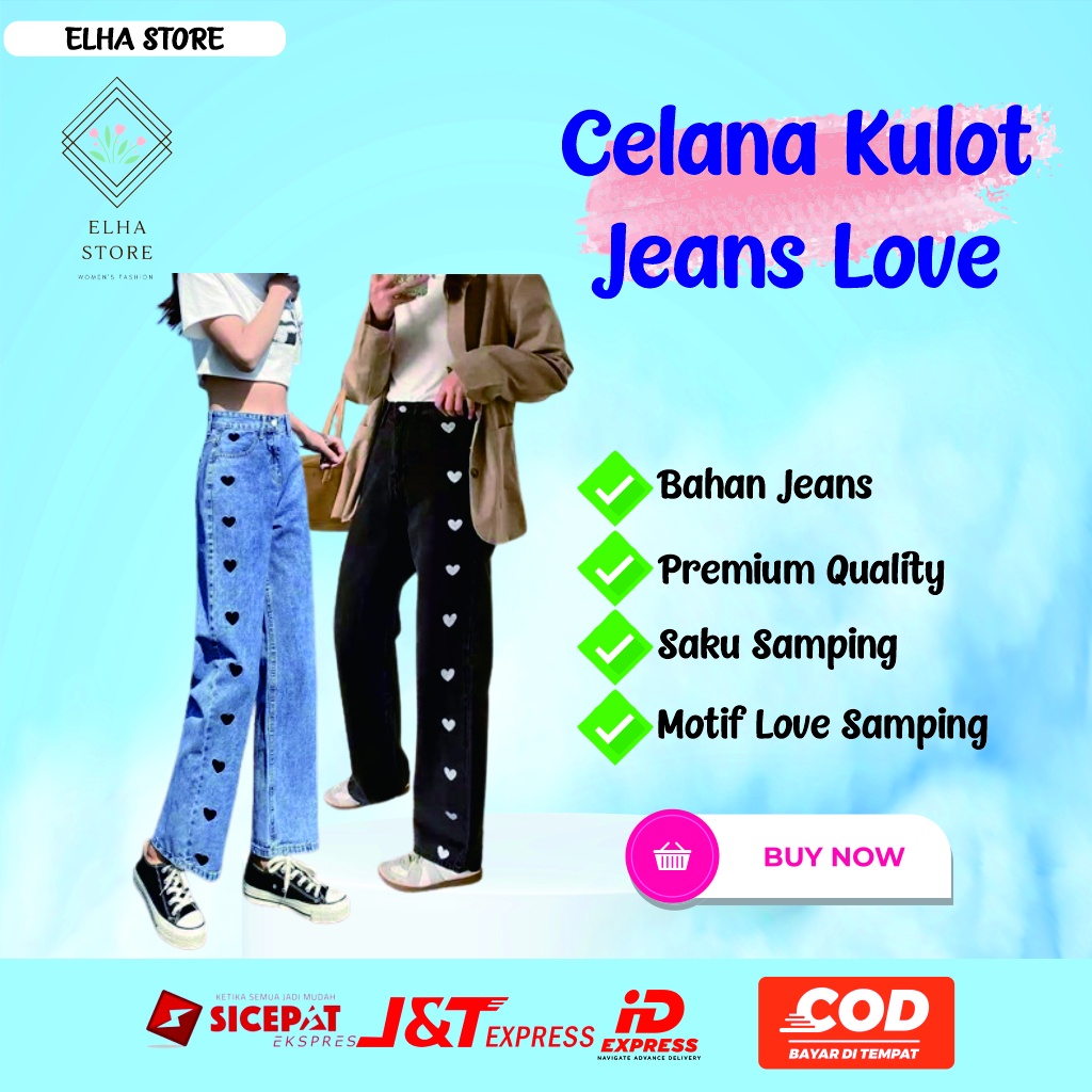 CELANA JEANS WANITA/ HW KULOT JEANS LOVE BOYFRIEND JEANS BAHAN JEANS TEBAL PREMIUM (BORDIR LOVE)