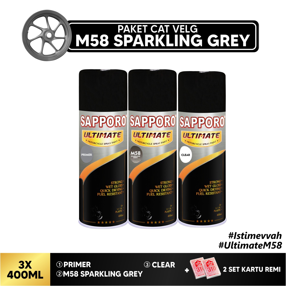 Paket Cat Velg M58 Sparkling Grey+FREE Kartu Remi/Sapporo Ultimate/Cat Spray Semprot Aerosol Terbaik