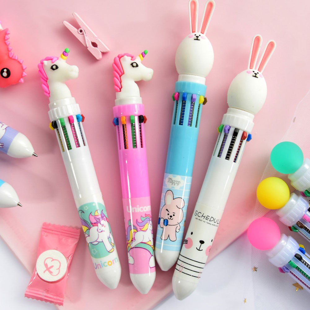 Pulpen 10 Warna Dengan Hiasan Kartun Unicorn Lucu Untuk Sekolah/Kantor