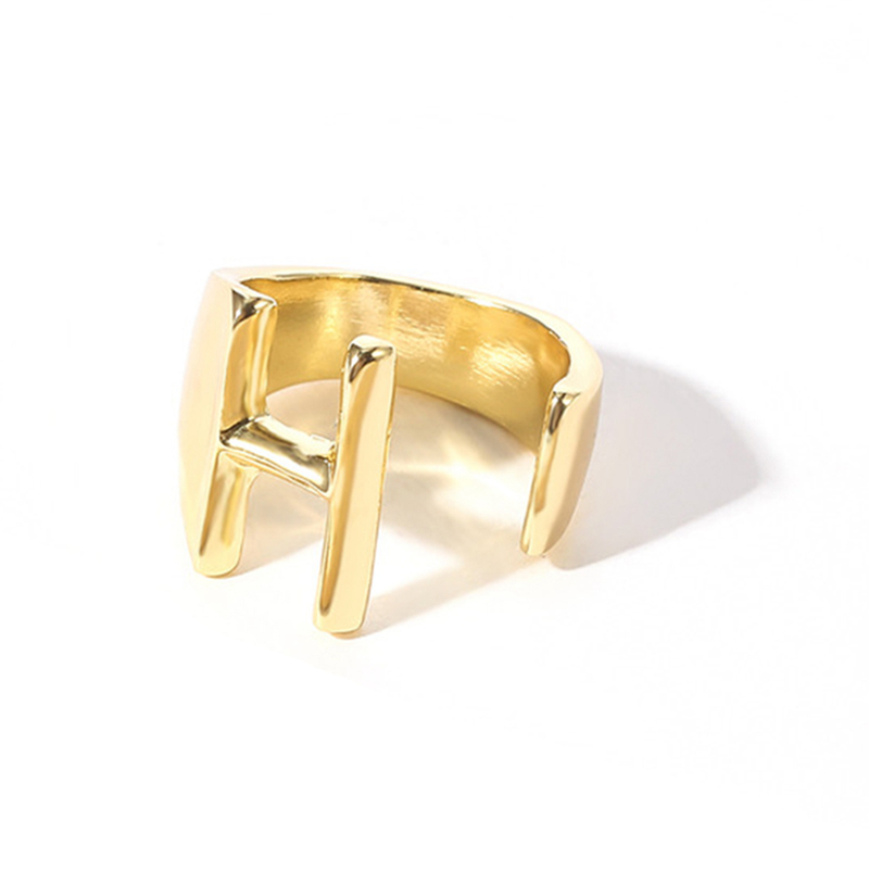 A-T Hollow A Z Letter Gold Color Metal Adjustable Opening Ring Initials Name Alphabet Party Jewelry