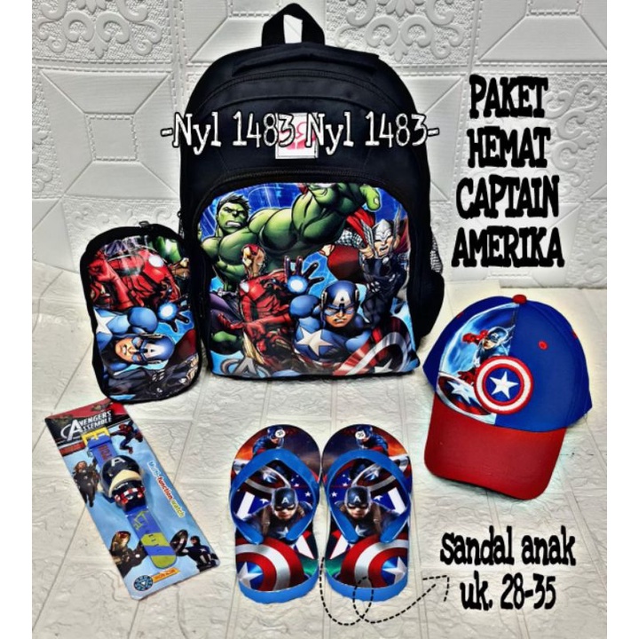 ( BISA COD ) 4in1 Tas Ransel Anak Laki-laki / Karakter Superhero/ Free Tempat Pensil/Jam Tangan/Topi Dan sandal