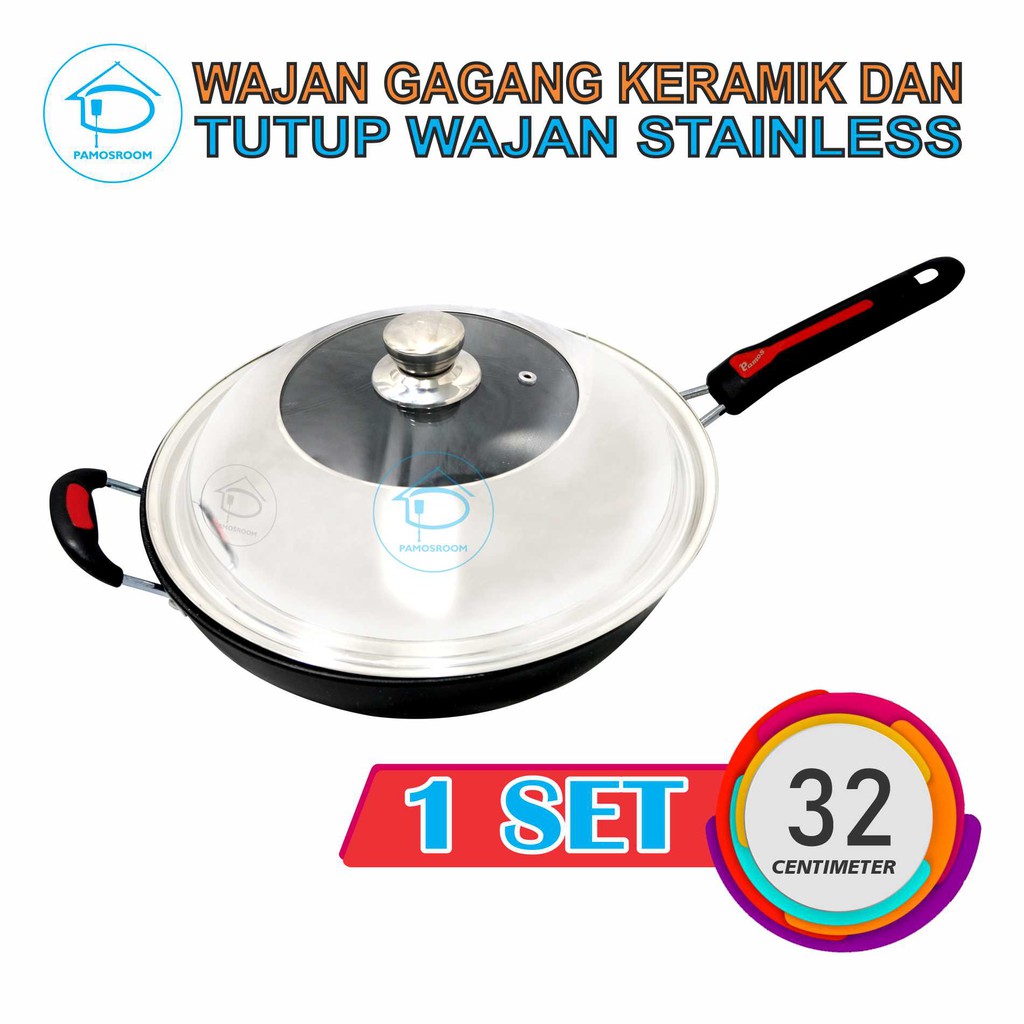 Pamosroom Wajan Keramik Gagang 1 Set + Tutup 32cm Kuali Penggorengan Anti Lengket Bisa Kompor Induks