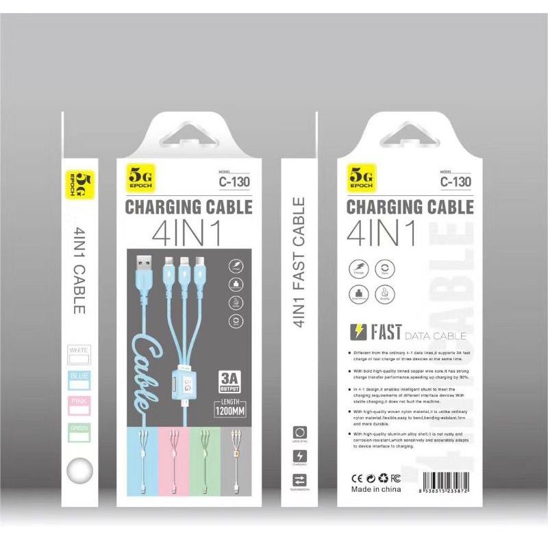 kabel Data Cable 4 in 1 Charger Charging Casan USB Micro TypeC Type C Lightning Iphone 1port 1200mm