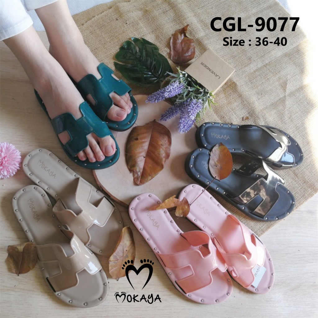 Sandal Slop Wanita Motif H Polos Cantik Elegant Import Mokaya / Size 36-40 (CGL-9077-A)