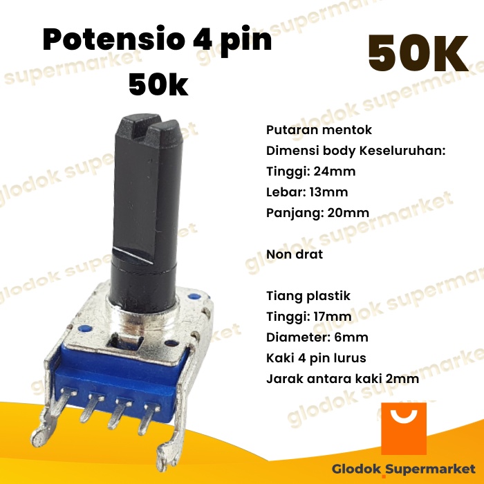 Potensio 4 pin 50k Stereo Kaki 4 Lurus Segi Biru 503