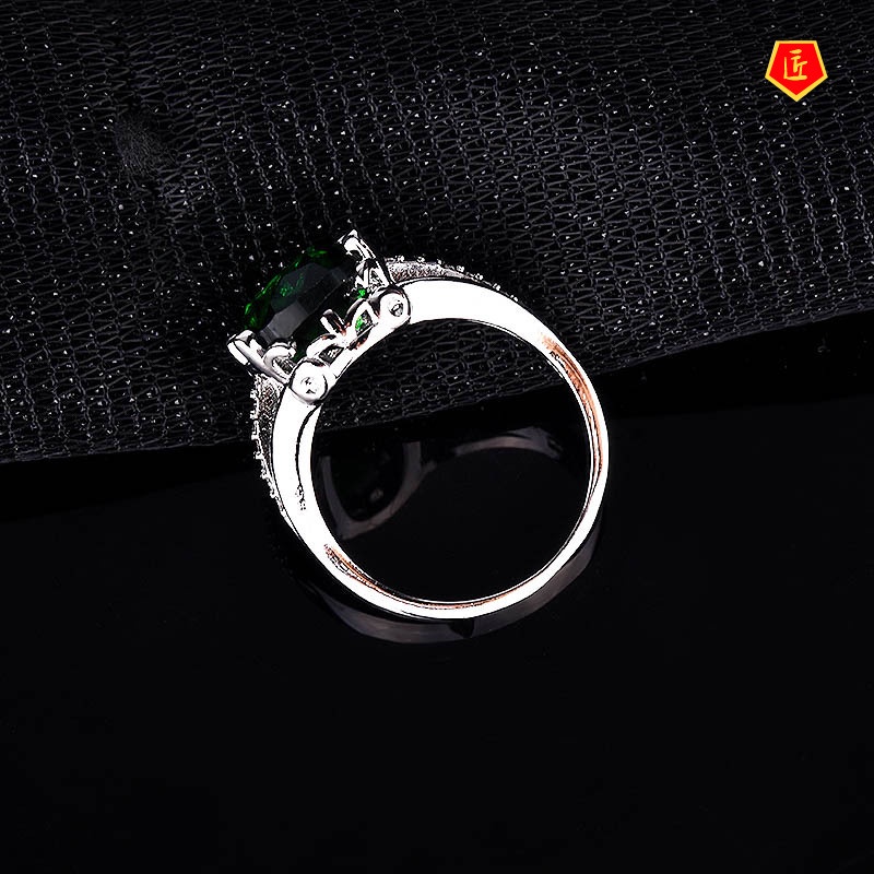 [Ready Stock]Fashion Elegant Green Colored Gems Ring Female 925 Silver