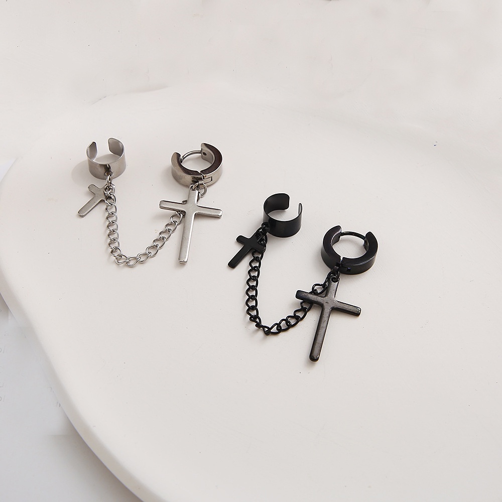 1 Pc Anting Rantai Rumbai Bentuk Bulat Salib Warna Hitam Bahan Stainless Steel Gaya Punk Rock Untuk Pria Dan Wanita