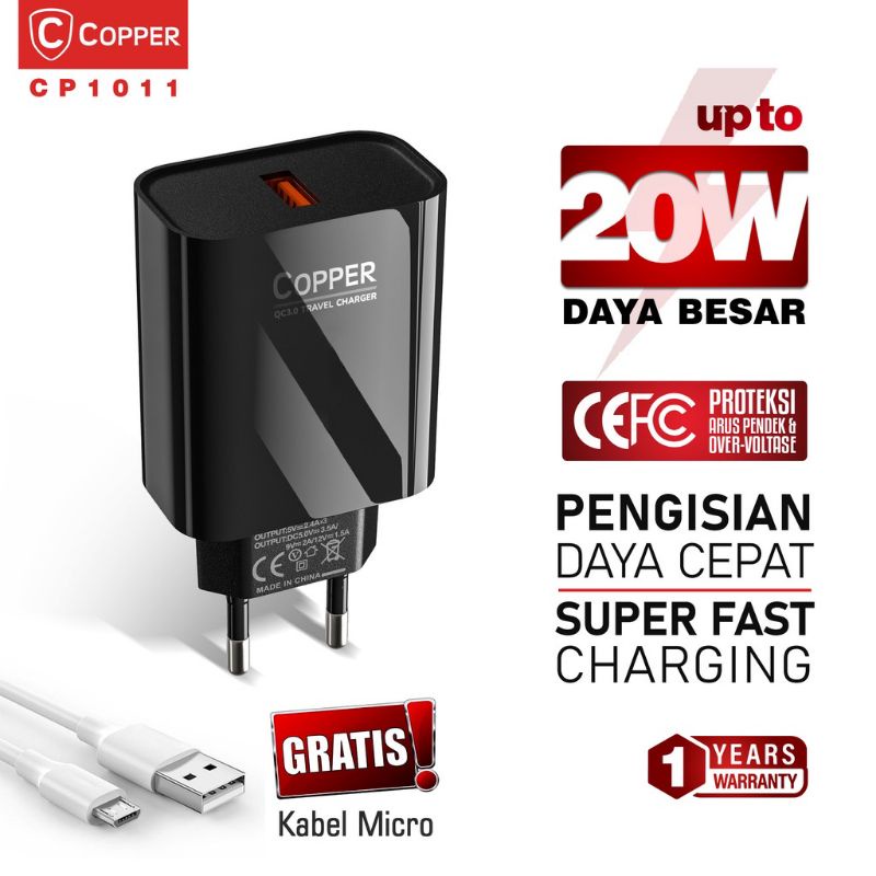 COPPER CP1007,1008,1009,1011 Charger Single Port 18W Up to 20W QC 3.0 Fast Charging