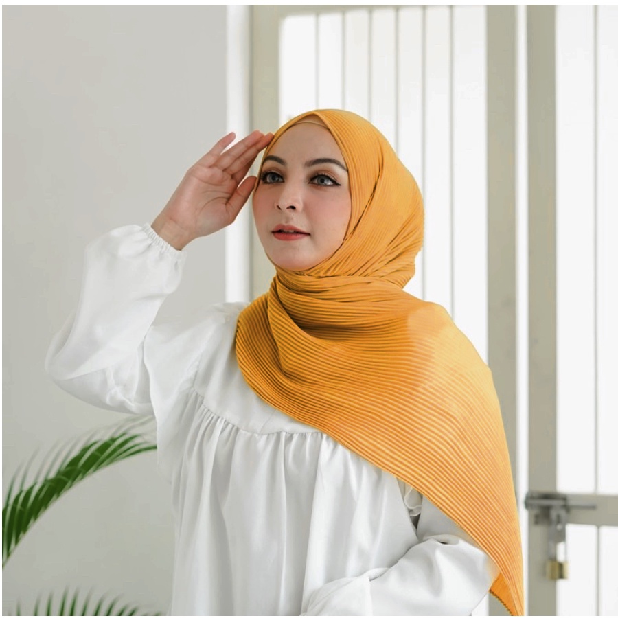 (Bisa COD) Pasmina Plisket Ceruty /Pasmina plisket shawell/Pasmina plated/Pasmina plisket premium-Mustard