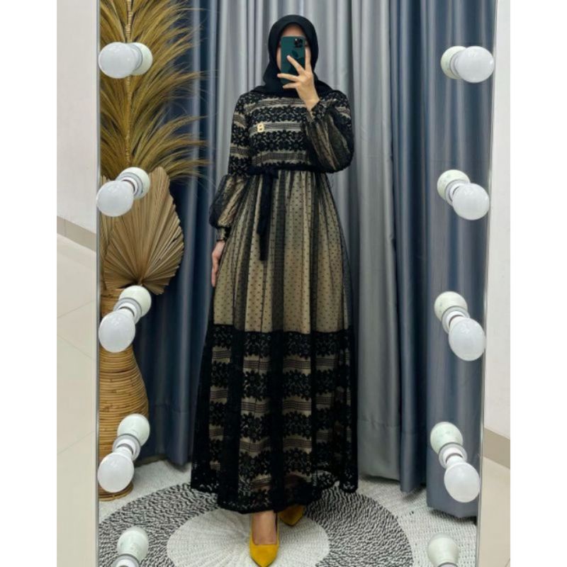 TM  Gamis By ozias Lengan balon motif brukat tile motif dot / Dress cantik casual / Dress kekinian /