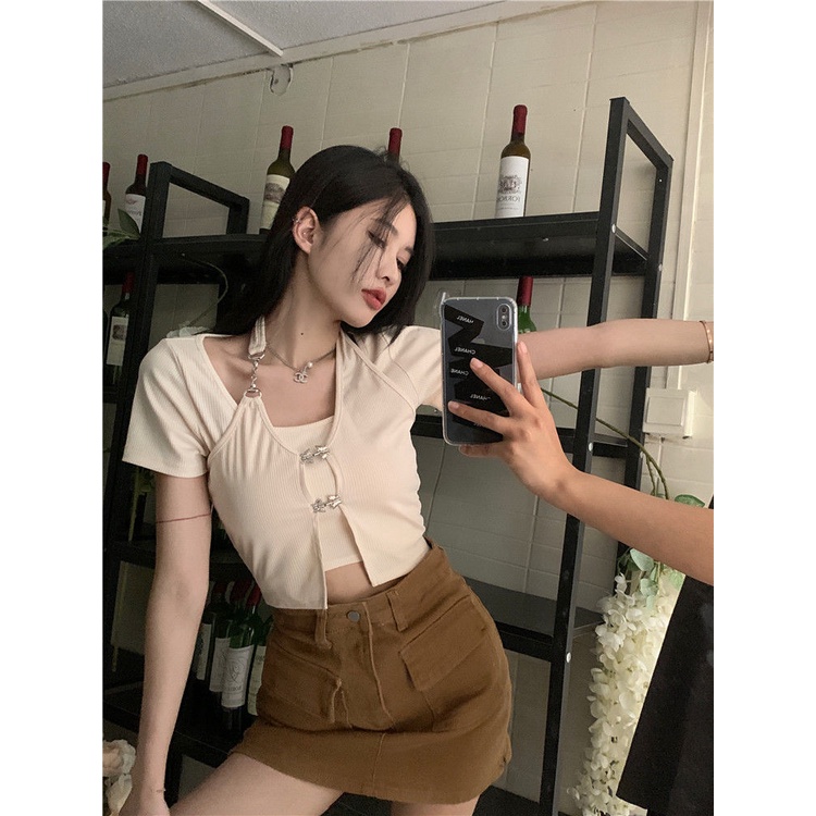 2022 Musim Panas Baru Gadis Panas Acara Navel Show Tipis Palsu Dua Potong Menggantung Leher Lengan P