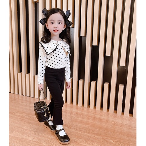 SETELAN ANAK CEWEK CREAM POLKADOT CELANA HITAM  STELAN ANAK CEWEK PITA POLKA CREAM 100-140 PROMO