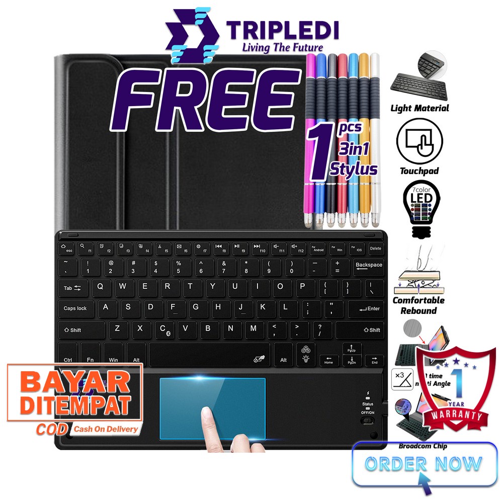 TRIPLEDI Case Samsung Galaxy Tab S7 FE 2021 5G Keyboard Touchpad Free Stylus Pen SM-T730 SM-T736B Flip Casing Leather Keyboard Trackpad Backlit LED Wireless Bluetooth Book Cover Folio Sarung Pelindung Tablet Android Stand Built-in Protektif Shockproof-1