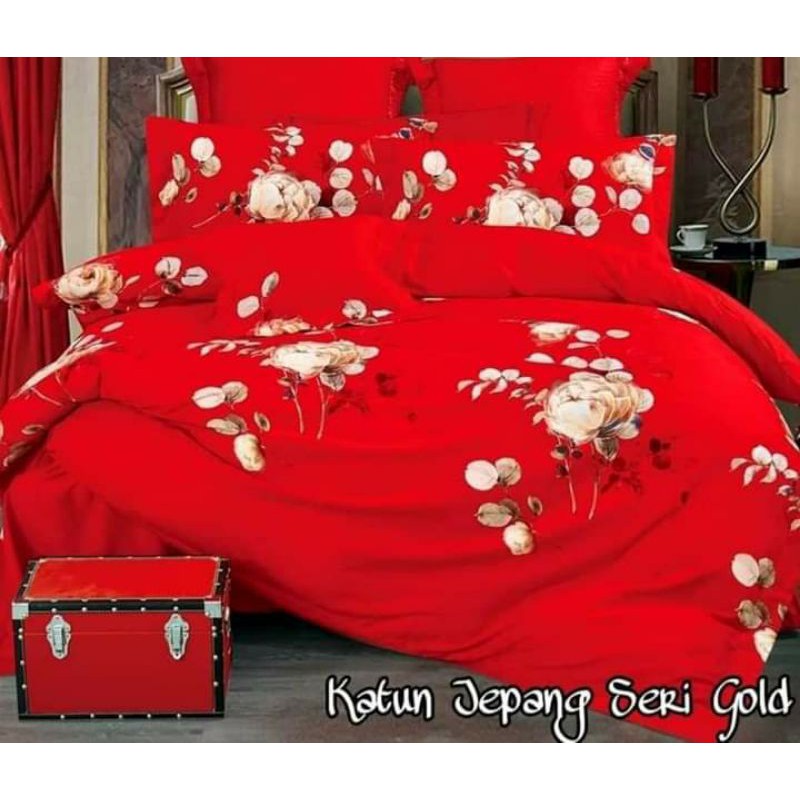 SPREI KATUN JEPANG IMPORT WEDDING BUNGA MERAH SERI GOLD