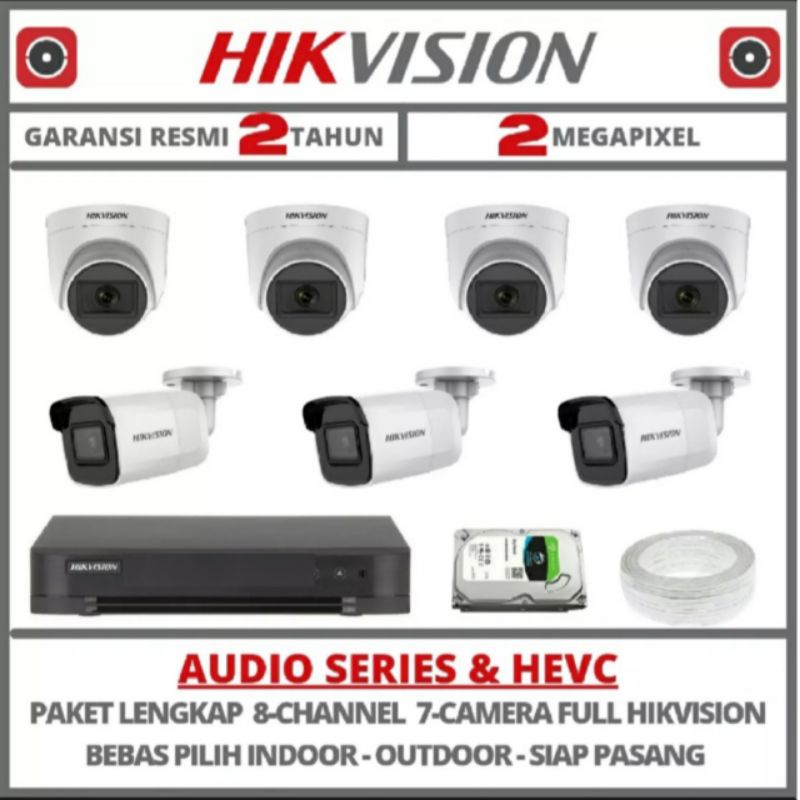 Paket CCTV Hikvision audio 2MP 8 Channel 7 Kamera Audio Komplit