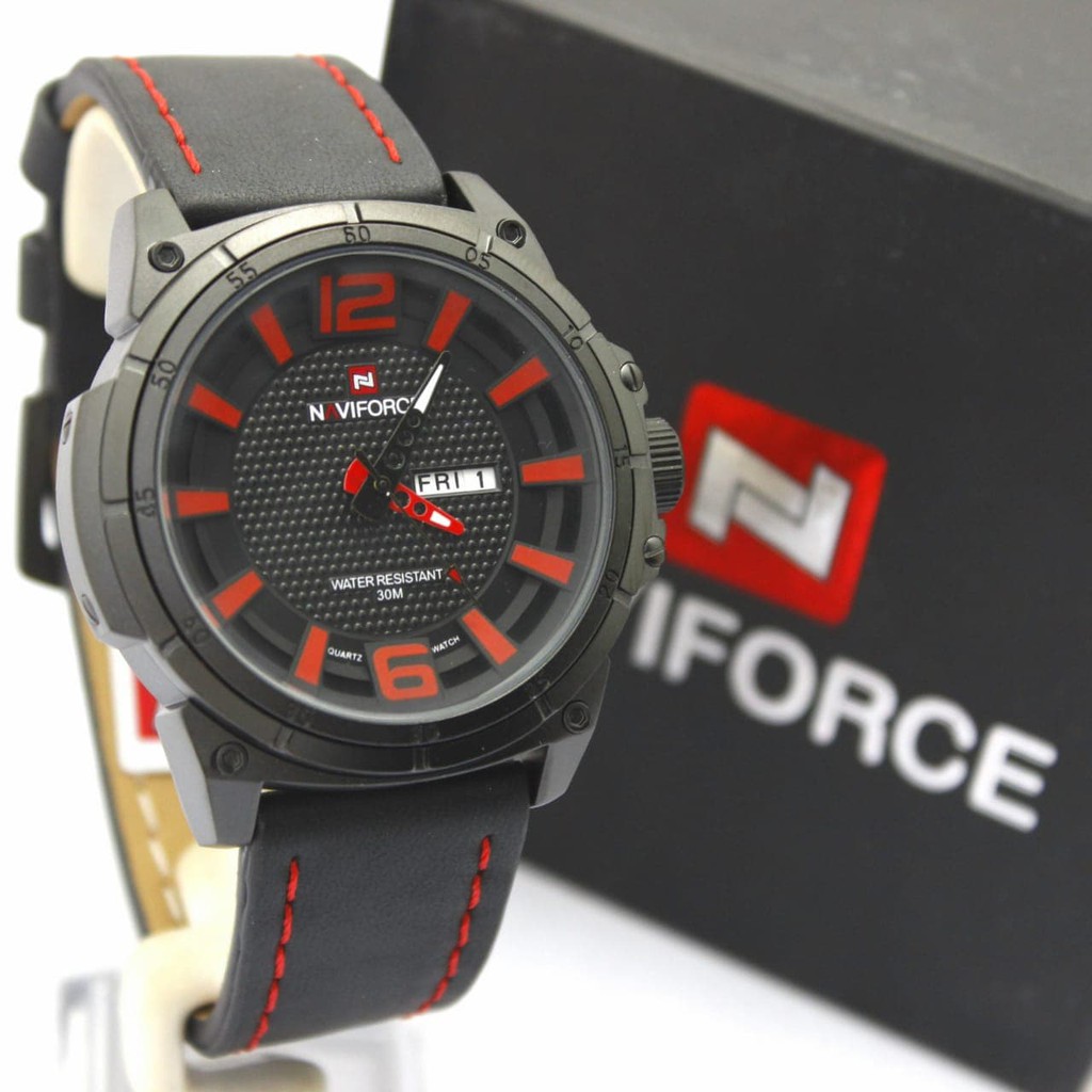 Shumen Ravenna Jam Tangan Pria / Cowok Naviforce NF9066M Original Leather Black Red