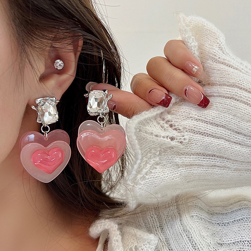 Anting Rumbai Bentuk Hati Warna Pink Untuk Aksesoris