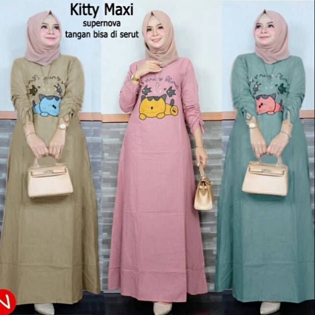 kitty maxi, Maxi dress, dress muslim, long dress, long dress, dress murah, motif kucing,supernova