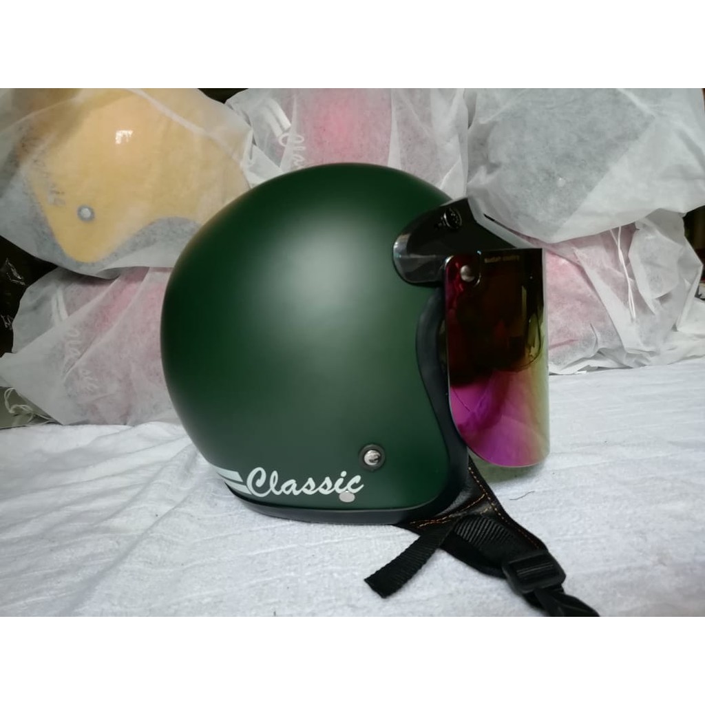 Helm Bogo Classic Dewasa Warna Hijau Doff Kaca Datar Pelangi Shopee Indonesia