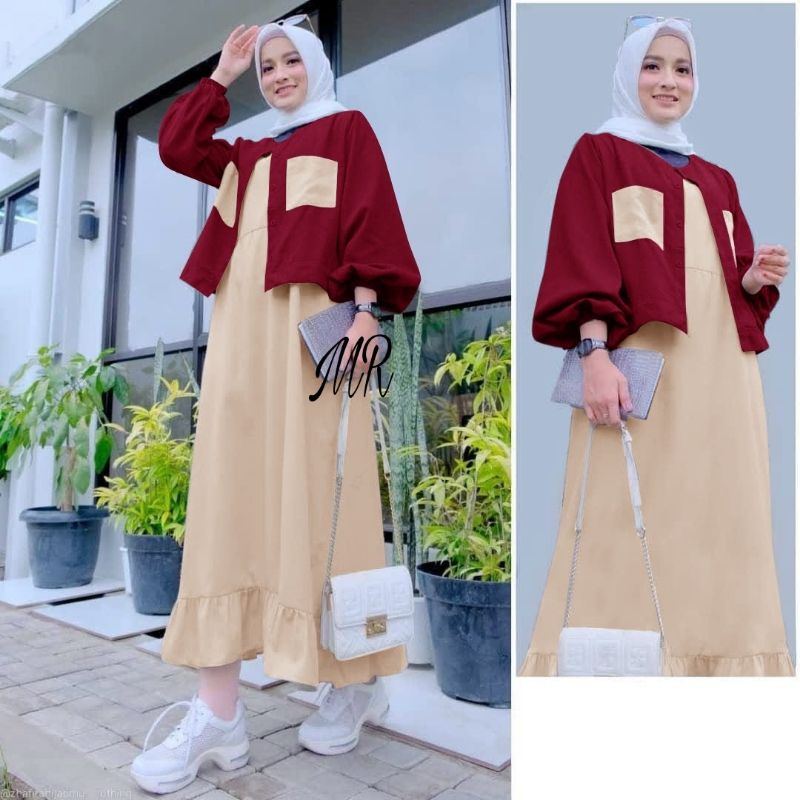 SET LONG DRESS CARDI HABIBAH 2IN1, MOSCREPE, GAMIS HIJAB MUSLIM, SETELAN CARDIGAN, 4 UKURAN