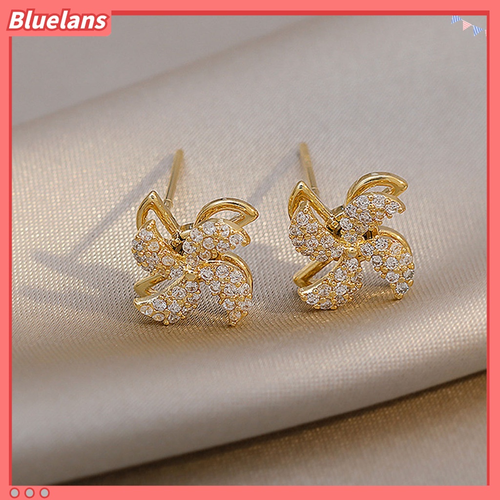 Anting Stud Bentuk Kincir Angin Aksen Berlian Imitasi Gaya Korea Untuk Aksesoris Perhiasan