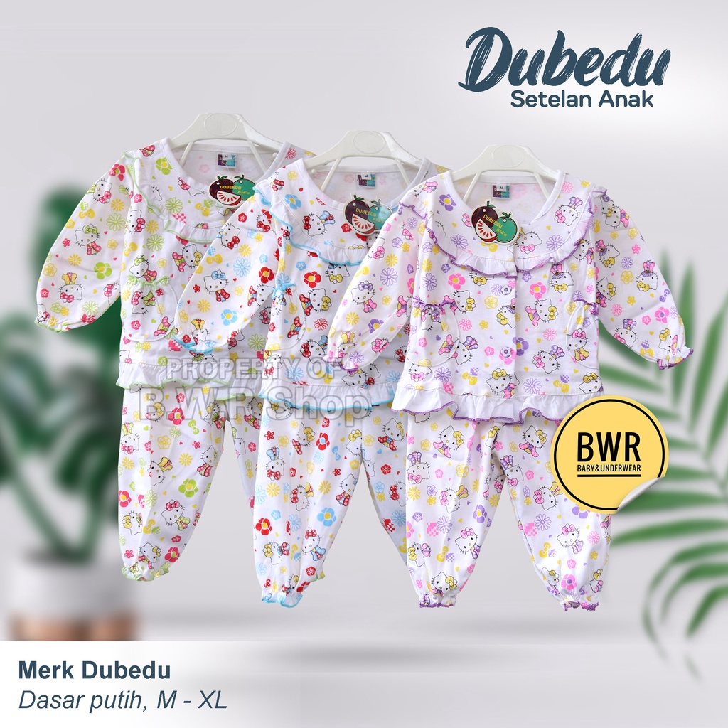 Setelan Dubedu PUTIH Motif Random / Setelan Anak Perempuan Lengan Panjang | Bwr