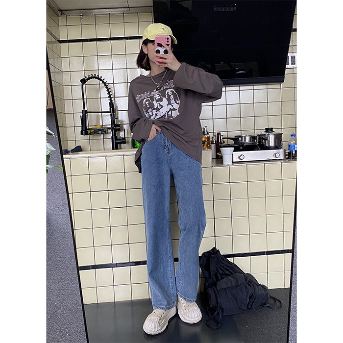 Jeans high waist straight loose korean style dengan warna biru  celana wanita