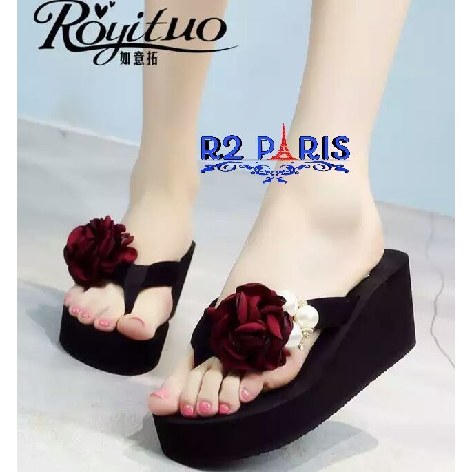 Sandal Jepit Spons Bunga Mawar - Wedges Jepit Spons