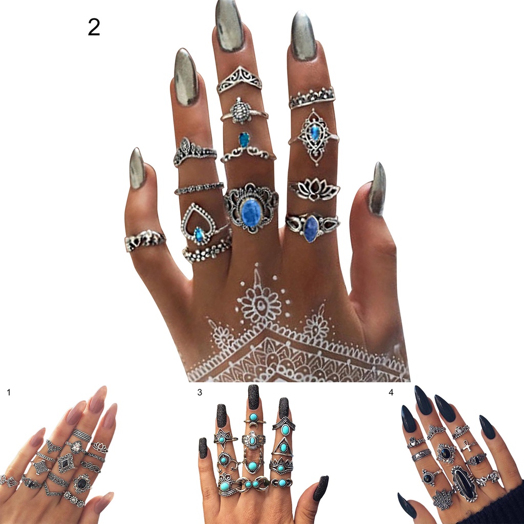 Hu Hu Hu Hu Hu Alat Bantu Pasang Kacamata♡ 11 / 13 / 15pcs Cincin Knuckle Bahan Alloy Desain Ukiran Bunga Hias Permata Imitasi Warna Hitam Gaya Bohemian