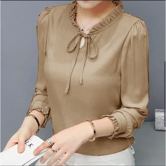 ZAZA_FASHION Baju Atasan Wanita Terbaru 2021 Real Pict Blouse Wanita Hits Kerah Kerut-3