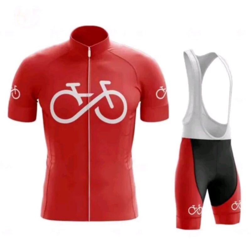 Jersey Set Sepeda Baju Celana Pedding Gel BIB Cycling Jersey Merah