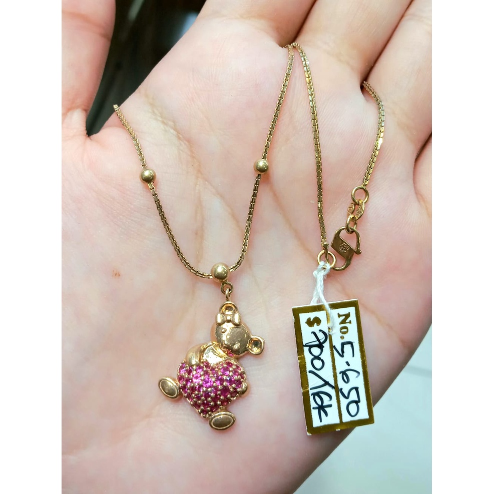 Kalung Emas Rantai Teddy Bear Heart Pink Kadar 70% 5.65 Gram