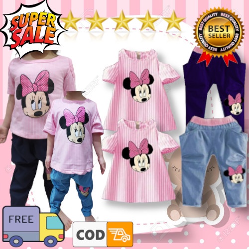 VISION ONLINE-SET BAJU LENGAN PENDEK CELANA DENIM ANAK PEREMPUAN 1 2 3 4 TAHUN MURAH STRIPY MINNIE