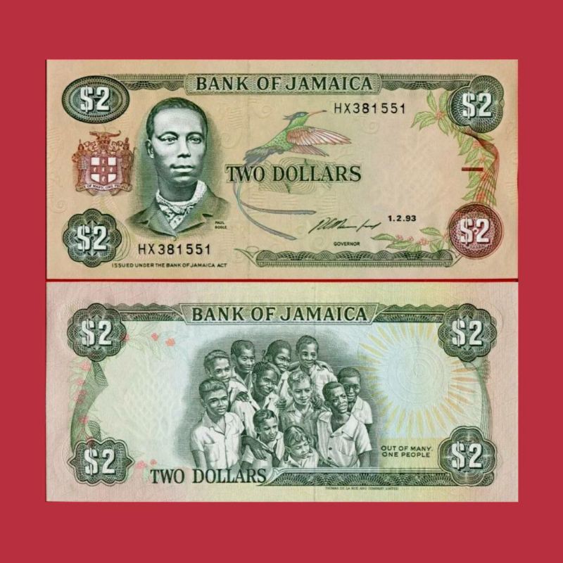UANG ASING JAMAICA 2 DOLLAR 1993 UNC GRESS ORIGINAL BANKNOTE
