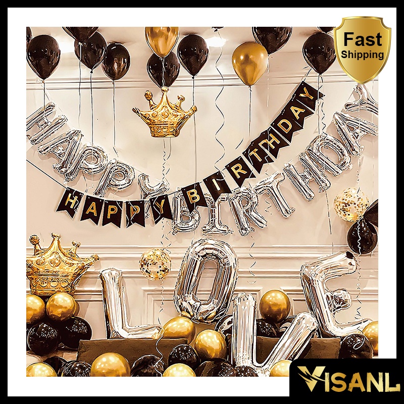 Dekorasi Backdrop Ulangtahun Romantis 3D Balon Foil Happy Birthday Hitam Putih Backdrop