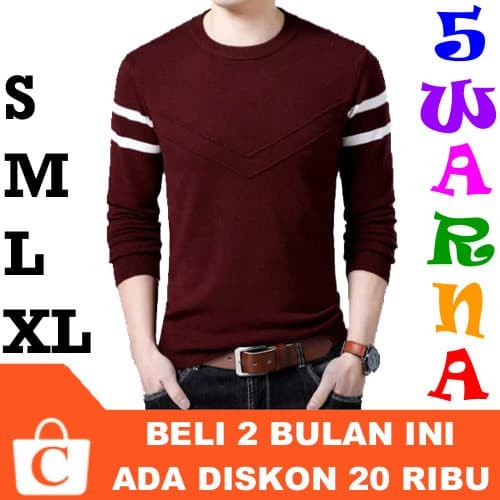 KAOS PRIA PANJANG GARIS PUTIH POLOS DADA MERAH MAROON HATI BATA DARAH TERBAIK