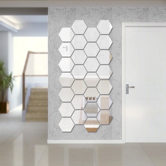 (12 PCS) Cermin Hexagonal BESAR Kaca Hexagonal Segi Enam Hexagon Mirror Acrylic Dekorasi Akrilik Tempel Dinding Cermin Hiasan Sticker Kaca Wallpaper Kaca Hexagonal Dekorasi Dinding F438