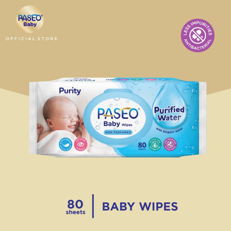 paseo baby wipes purity 80 sheets / tissue basah paseo non perfume