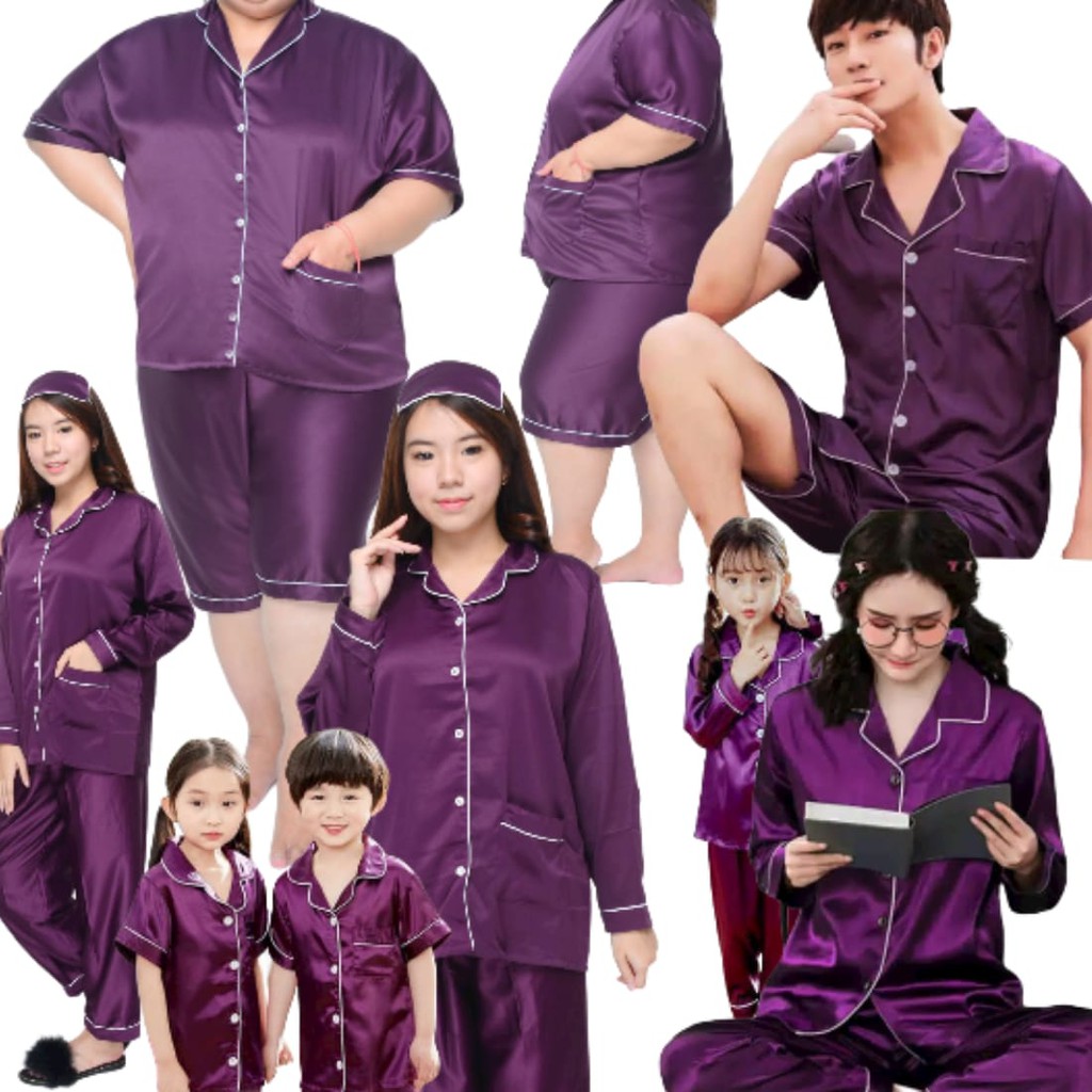 Couple Lengan Panjang Satin Polos Set Baju Tidur Piyama Setelan Celana Ungu Pasangan keluarga