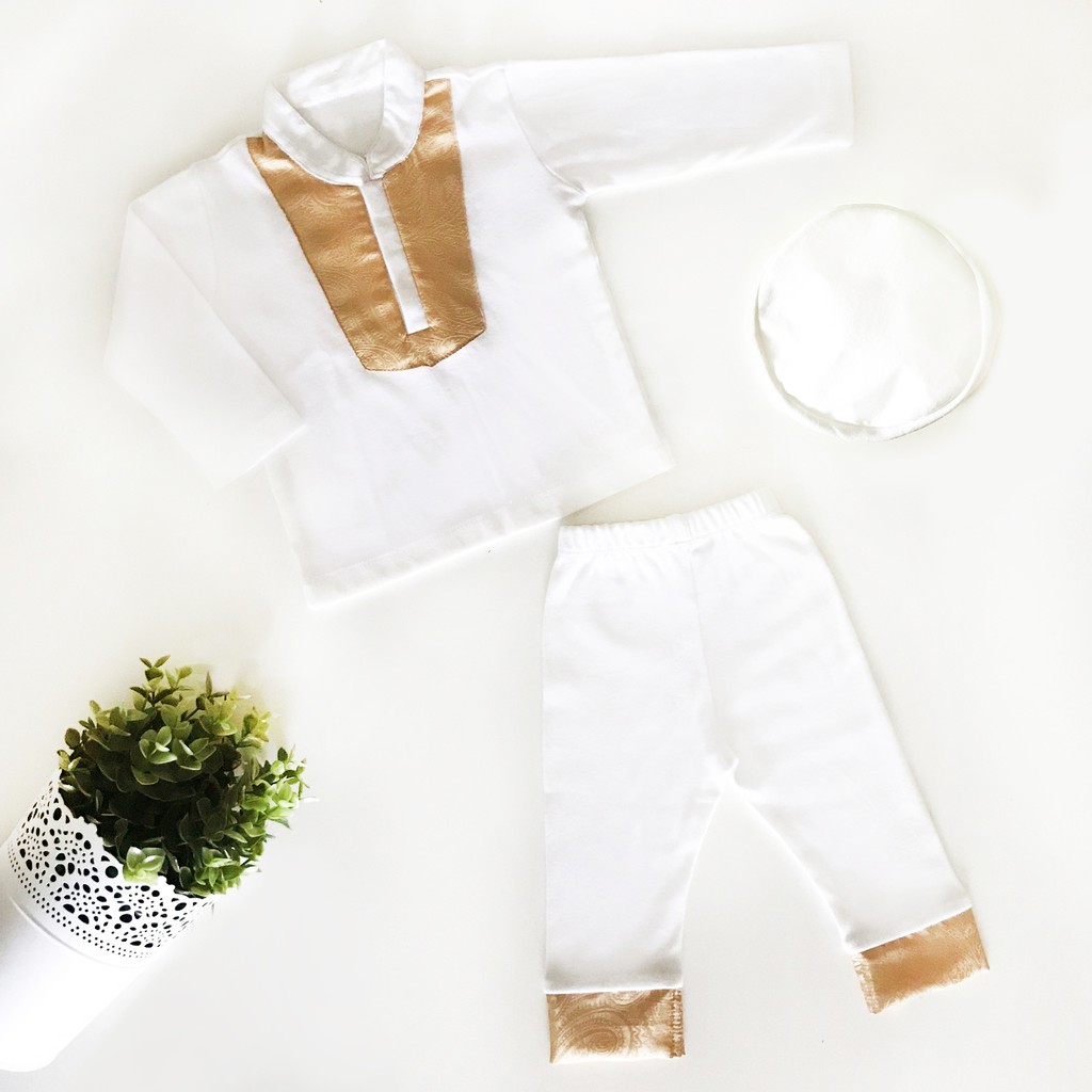 Baju Lebaran Idul Fitri anak bayi laki set koko white gold kado set