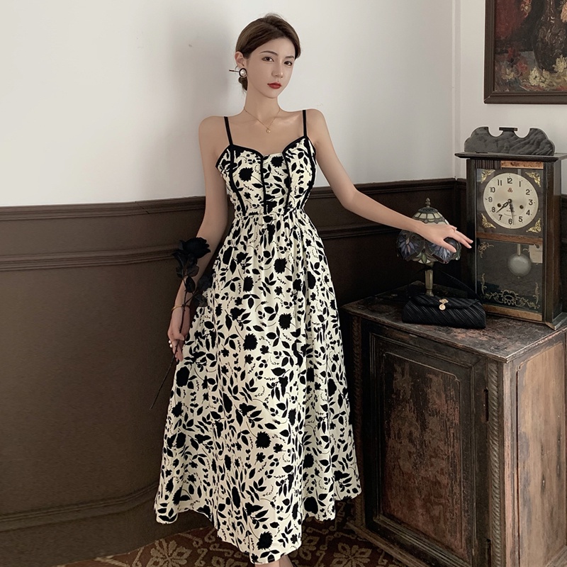 Gaun selempang retro musim panas wanita floral tanpa lengan dress A-line yang elegan