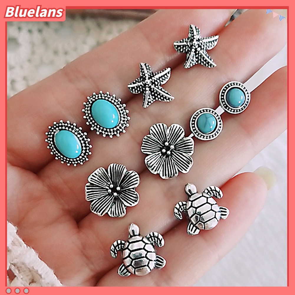 5 Pasang Anting Stud Desain Bintang Laut Kura-Kura Bunga Turquoise Buatan Gaya Boho