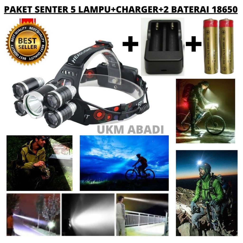 Paket Senter Kepala 5 Lampu 15000Lmn With Charger &amp; 2 Baterai 18650 111107