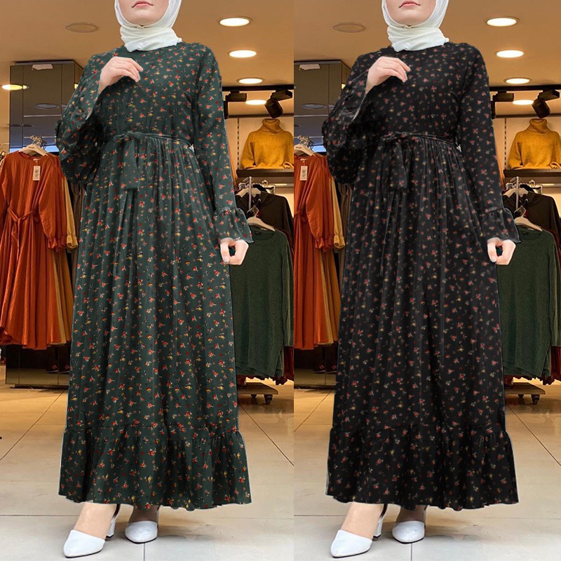 ZANZEA Women Casual Long Sleeve Floral Printing Muslim Long Dress